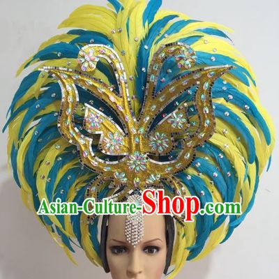 Brazilian Carnival Catwalks Ostrich Feather Hair Accessories Rio Samba Dance Yellow and Blue Feather Deluxe Headwear for Women