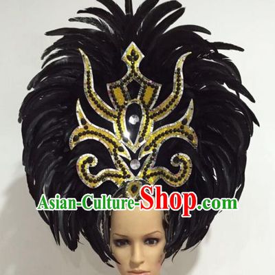 Brazilian Carnival Catwalks Black Ostrich Feather Headdress Rio Samba Dance Deluxe Hair Accessories for Women