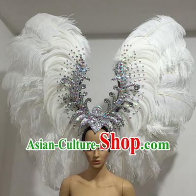 Brazilian Carnival Catwalks White Ostrich Feather Headdress Rio Samba Dance Deluxe Hair Accessories for Women