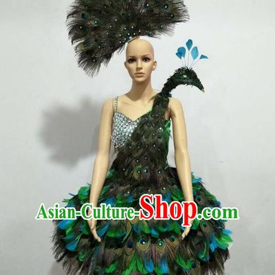 Brazilian Rio Carnival Samba Dance Costumes Catwalks Green Feather Peacock Dress for Women