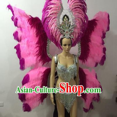 Brazilian Rio Carnival Samba Dance Costumes Catwalks Pink Butterfly Feather Wings Swimsuit and Headwear for Women