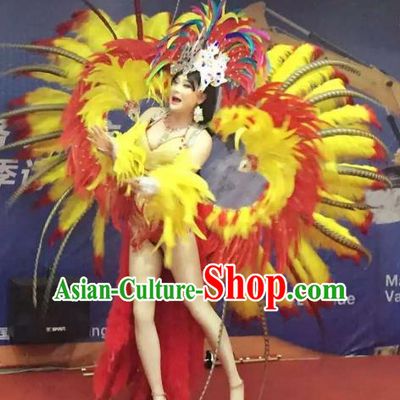 Brazilian Rio Carnival Samba Dance Costumes Catwalks Swimsuit and Feather Wings for Women