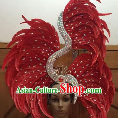Handmade Samba Dance Hair Accessories Brazilian Rio Carnival Deluxe Red Feather Headdress for Women