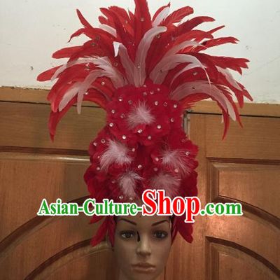 Handmade Samba Dance Hair Accessories Brazilian Rio Carnival Deluxe Red Feather Flowers Headdress for Women