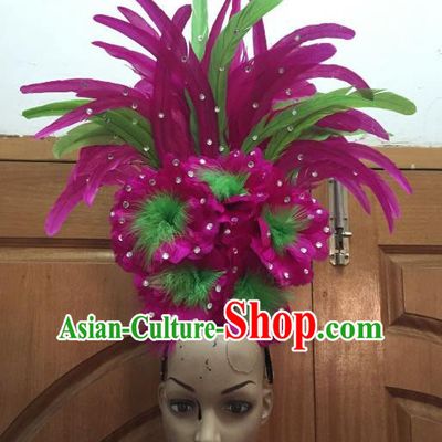 Handmade Samba Dance Hair Accessories Brazilian Rio Carnival Deluxe Rosy Feather Flowers Headdress for Women