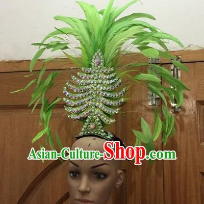 Handmade Samba Dance Deluxe Green Feather Hair Accessories Brazilian Rio Carnival Headdress for Women
