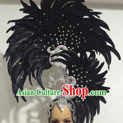 Handmade Samba Dance Deluxe Black Feather Hair Accessories Brazilian Rio Carnival Headdress for Women