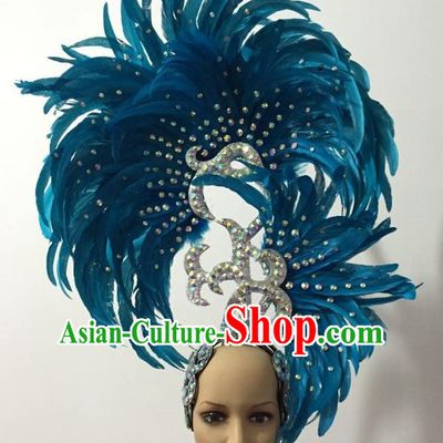 Handmade Samba Dance Deluxe Blue Feather Hair Accessories Brazilian Rio Carnival Headdress for Women