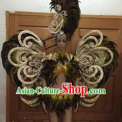 Brazilian Rio Carnival Samba Dance Costumes Catwalks Butterfly Feather Wings Swimsuit and Headdress for Women