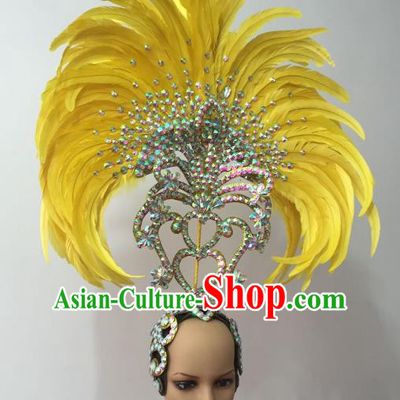 Brazilian Rio Carnival Samba Dance Yellow Feather Headdress Stage Performance Headwear for Women