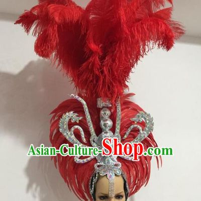 Brazilian Carnival Catwalks Red Feather Headdress Rio Samba Dance Deluxe Hair Accessories for Women