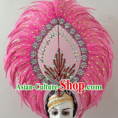 Brazilian Carnival Catwalks Pink Feather Headdress Rio Samba Dance Deluxe Diamante Hair Accessories for Women
