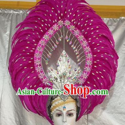 Brazilian Carnival Catwalks Rosy Feather Headdress Rio Samba Dance Deluxe Diamante Hair Accessories for Women