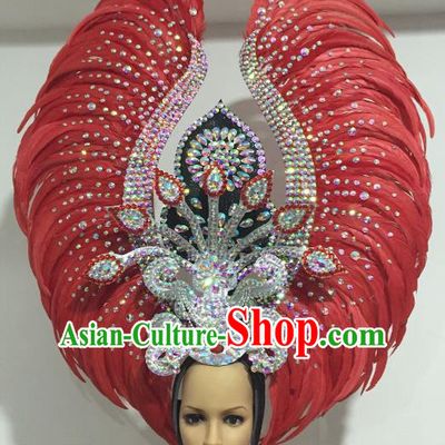 Top Grade Brazilian Carnival Catwalks Red Feather Headdress Rio Samba Dance Miami Deluxe Hair Accessories for Women