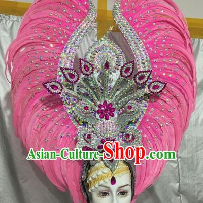 Top Grade Brazilian Carnival Catwalks Pink Feather Headdress Rio Samba Dance Miami Deluxe Hair Accessories for Women