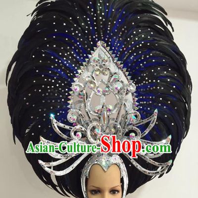 Top Grade Brazilian Carnival Catwalks Black Feather Headdress Rio Samba Dance Miami Deluxe Hair Accessories for Women