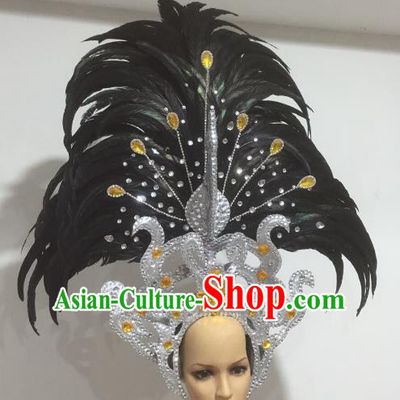 Top Grade Brazilian Carnival Catwalks Black Feather Headdress Rio Samba Dance Miami Deluxe Hair Accessories for Women