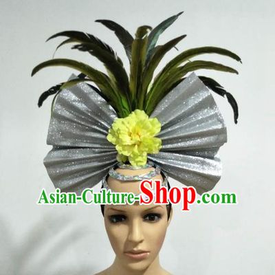 Top Grade Brazilian Carnival Catwalks Green Feather Headdress Rio Samba Dance Miami Deluxe Hair Accessories for Women