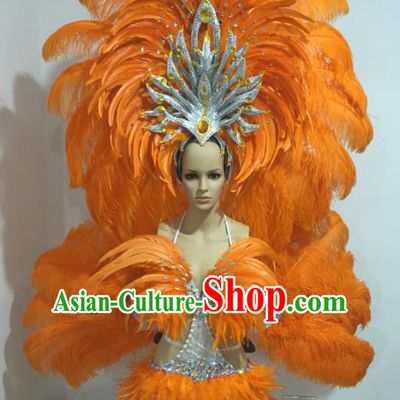 Top Grade Catwalks Costumes Brazilian Carnival Samba Dance Orange Feather Swimsuit and Wings for Women