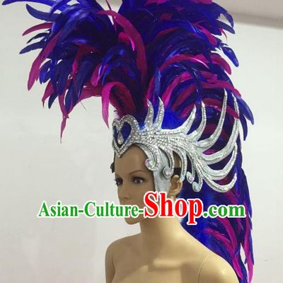 Brazilian Carnival Rio Samba Dance Blue and Rosy Feather Headdress Miami Catwalks Deluxe Hair Accessories for Men