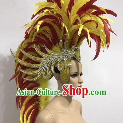Brazilian Carnival Rio Samba Dance Yellow and Red Feather Headdress Miami Catwalks Deluxe Hair Accessories for Men