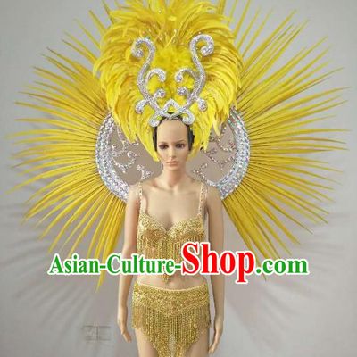 Top Grade Catwalks Costumes Brazilian Carnival Samba Dance Yellow Feather Swimsuit and Wings for Women