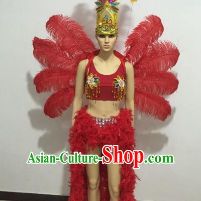 Top Grade Catwalks Costumes Brazilian Carnival Samba Dance Red Feather Swimsuit and Wings for Women