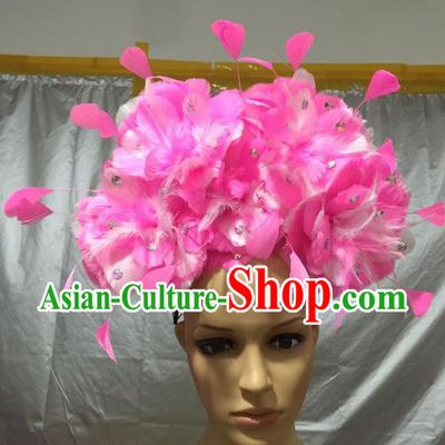 Brazilian Carnival Rio Samba Dance Pink Feather Headdress Miami Catwalks Hair Accessories for Men