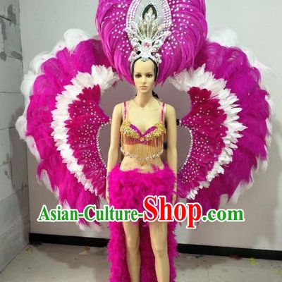 Brazilian Carnival Samba Dance Catwalks Costumes Rosy Feather Swimsuit and Wings for Women