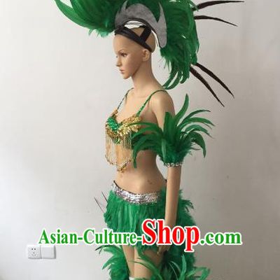 Brazilian Carnival Samba Dance Catwalks Costumes Swimsuit and Green Feather Headdress for Women