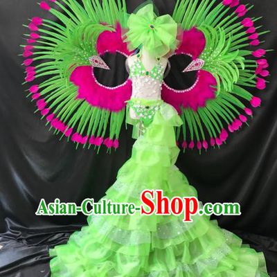 Brazilian Rio Carnival Samba Dance Costumes Catwalks Trailing Green Feather Swimsuit and Wings for Kids