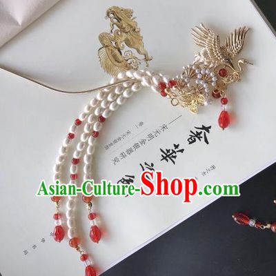 Chinese Traditional Hair Accessories Pearls Tassel Step Shake Hair Stick Ancient Crane Hairpins for Women