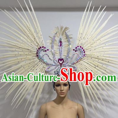 White Feather Brazilian Carnival Rio Samba Dance Headdress Miami Catwalks Deluxe Hair Accessories for Women