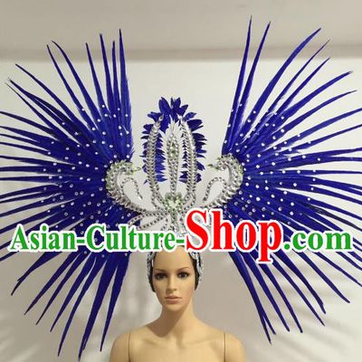 Brazilian Carnival Rio Samba Dance Royalblue Feather Headdress Miami Catwalks Deluxe Hair Accessories for Women