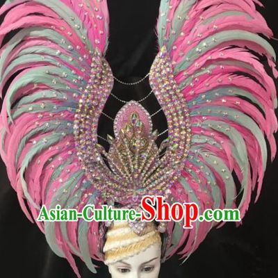 Brazilian Rio Carnival Samba Dance Deluxe Pink and Green Feather Headdress Stage Performance Hair Accessories for Women