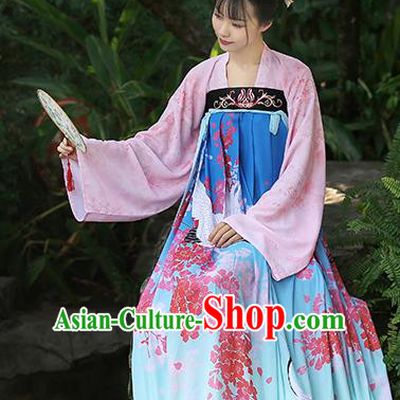 Chinese Ancient Peri Printing Crane Blue Hanfu Dress Tang Dynasty Princess Costumes for Rich Women