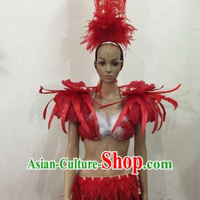 Brazilian Rio Carnival Samba Dance Costumes Catwalks Red Feather Swimsuit and Headdress for Women