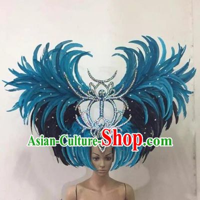 Customized Deluxe Blue Feather Samba Dance Hair Accessories Brazilian Rio Carnival Headdress for Women