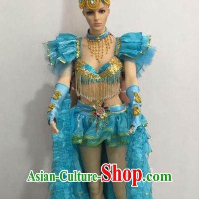 Brazilian Rio Carnival Samba Dance Costumes Catwalks Swimsuit and Blue Feather Headdress for Women
