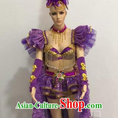 Brazilian Rio Carnival Samba Dance Costumes Catwalks Swimsuit and Purple Feather Headdress for Women