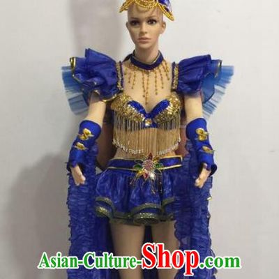 Brazilian Rio Carnival Samba Dance Costumes Catwalks Swimsuit and Royalblue Feather Headdress for Women