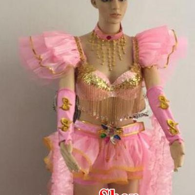 Brazilian Rio Carnival Samba Dance Costumes Catwalks Swimsuit and Pink Feather Headdress for Women
