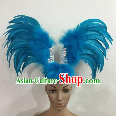Professional Halloween Samba Dance Blue Feather Hair Accessories Brazilian Rio Carnival Headdress for Women