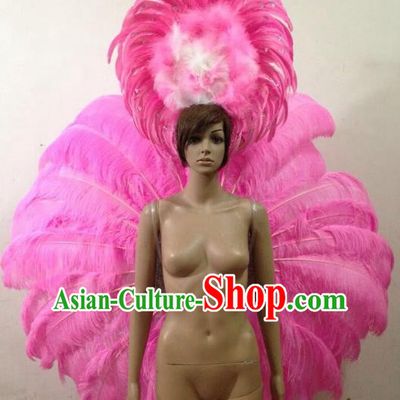 Customized Catwalks Props Brazilian Rio Carnival Samba Dance Pink Feather Deluxe Wings and Headwear for Women