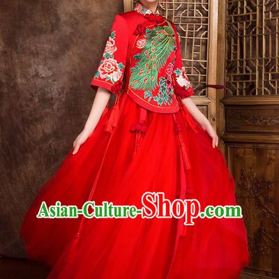 Traditional Chinese Bridal Costumes Ancient Bride Wedding Embroidered Phoenix XiuHe Suit for Women