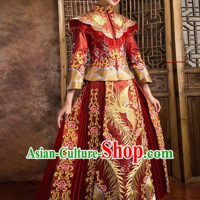 Traditional Chinese Bridal Costumes Ancient Bride Wedding Embroidered Beading XiuHe Suit for Women
