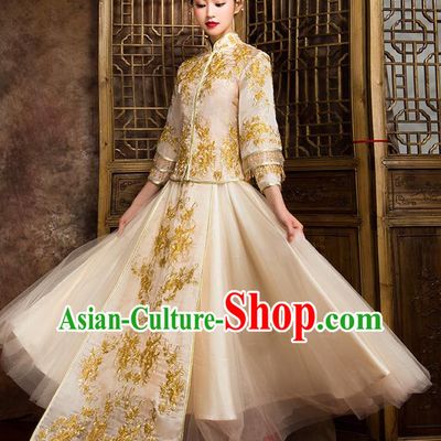 Traditional Chinese Bridal Costumes Ancient Bride Wedding Embroidered Beading Golden XiuHe Suit for Women