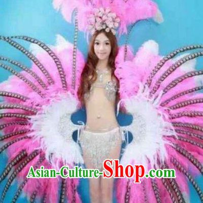 Brazilian Rio Carnival Samba Dance Costumes Catwalks Pink Feather Wings Swimsuit and Headdress for Women