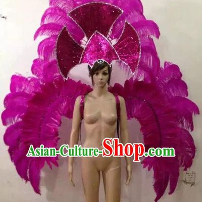 Customized Halloween Catwalks Props Brazilian Rio Carnival Samba Dance Purple Feather Deluxe Wings and Headwear for Women