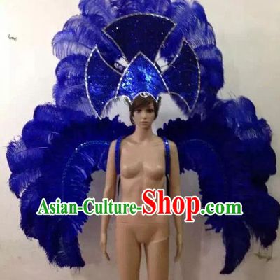 Customized Halloween Catwalks Props Brazilian Rio Carnival Samba Dance Royalblue Feather Deluxe Wings and Headwear for Women